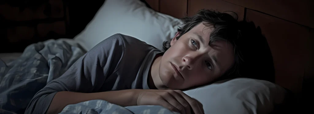 Hombre preocupado sin poder dormir por consumo de drogas.
