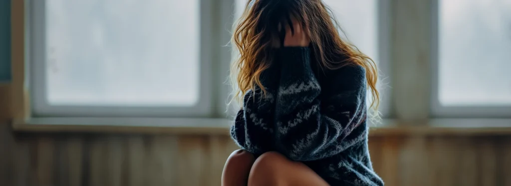 Mujer estresada por adicción al cristal.